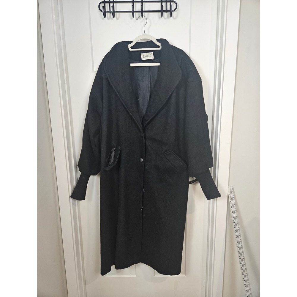 Vintage Saril Ltd Black Wool Blend Maxi Coat Shawl Collar Ribbed Cuffs USA Made